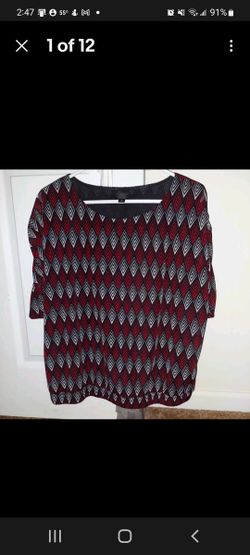 Worthington Stretchy Blouse Size Large Black/White/Red Print Short Sleeves Used