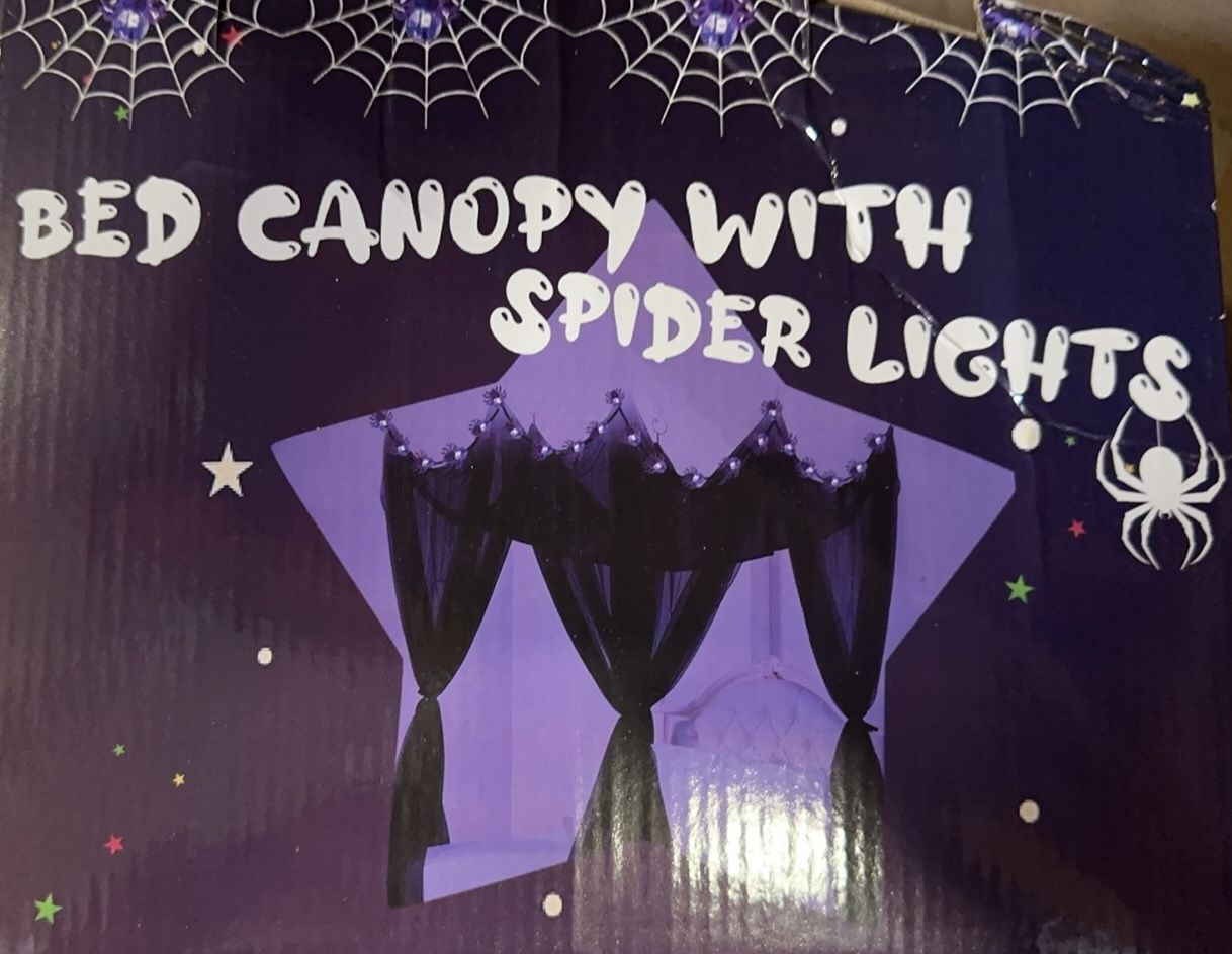 Canopy Bed Curtains with Lights,Elegant Bed Canopy Curtains Bed Netting for Full Queen King Size Bed,Halloween Decoration,Gothic Black Room Decor Aest