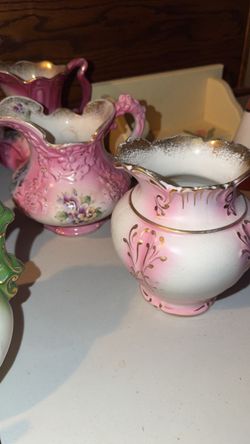 Vintage Pink Porcelain Pitcher and Vase Set