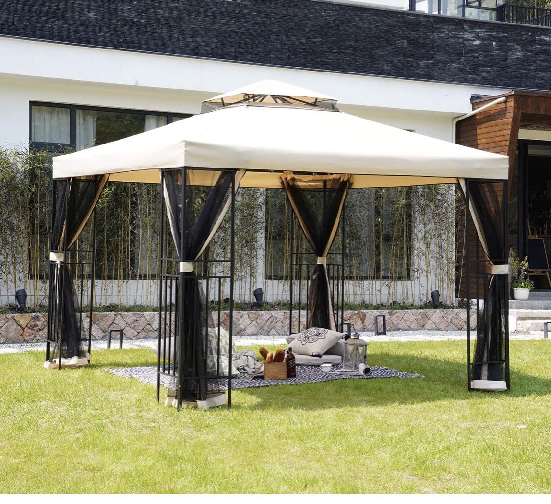 10x10 Feet Outdoor Gazebo Patio Economical Pergolas for Shade Outdoor Tents with Netting for Backyard, Garden, Pool-Side