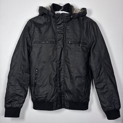 Inside Jacket Hoodie Black Large Faux Fur Zip Button