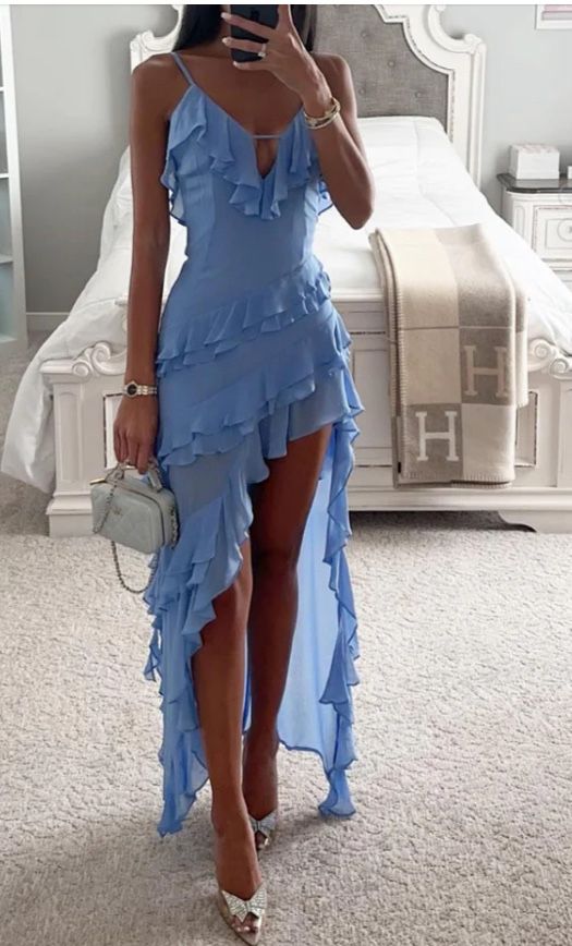 New Blue Asymmetrical Dress With Ruffles