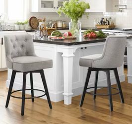 Set of 2 Gray Swivel Counter Height Bar Stools – Upholstered Linen