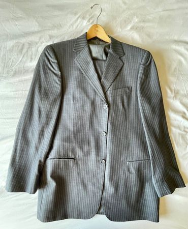 Mens Charcoal Pinstripe Vested  Wool Suit