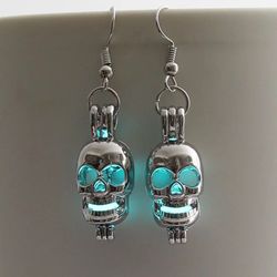 New Unique Blue Luminous Solar Glow Skull Earrings