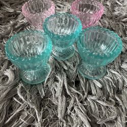 Vintage Clear Transparent 3 Teal Blue and 2 pink Glass Crystal Egg Holder Easter Decor 2"