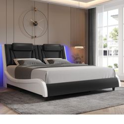 Keyluv King Upholstered LED Platform Bed Black and White New in Box