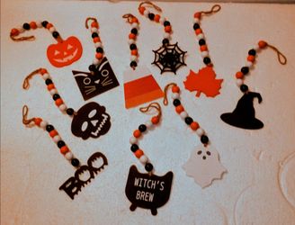 10 pc 8" long Wooden Halloween Beaded Ornaments