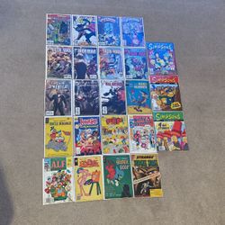G.I. Joe, Superman, Iron Man, Simpsons, Captain America, war machine, the roadrunner, uncle Scrooge, Archie, pink Panther, Alf, strange suspense Comic