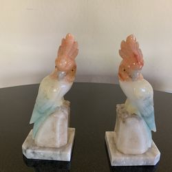 Vintage Hand Carved Italian Alabaster Parakeet Bookends 