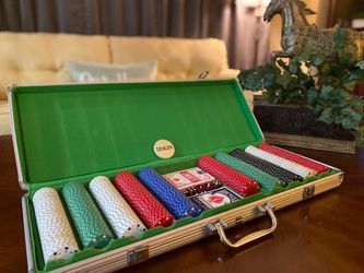 POKER CHIPS, 494 TOTAL, (5) DICE, (2) DECKS OF CARDS, (1) DEALER MARKER