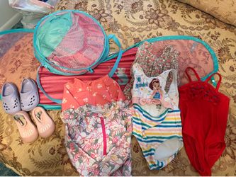Toddler bathing suits, bathrobe, water shoes  and floaty