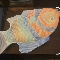 ceramic fish-shaped serving platter, likely part of the "Fish Story" pattern by MacKenzie-Childs or a similar hand-painted ceramic piece from Portugal