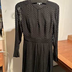 Dress Black Long Slv Lined Dotted Silk Blend Pleated Skirt By Equipment Sz 2