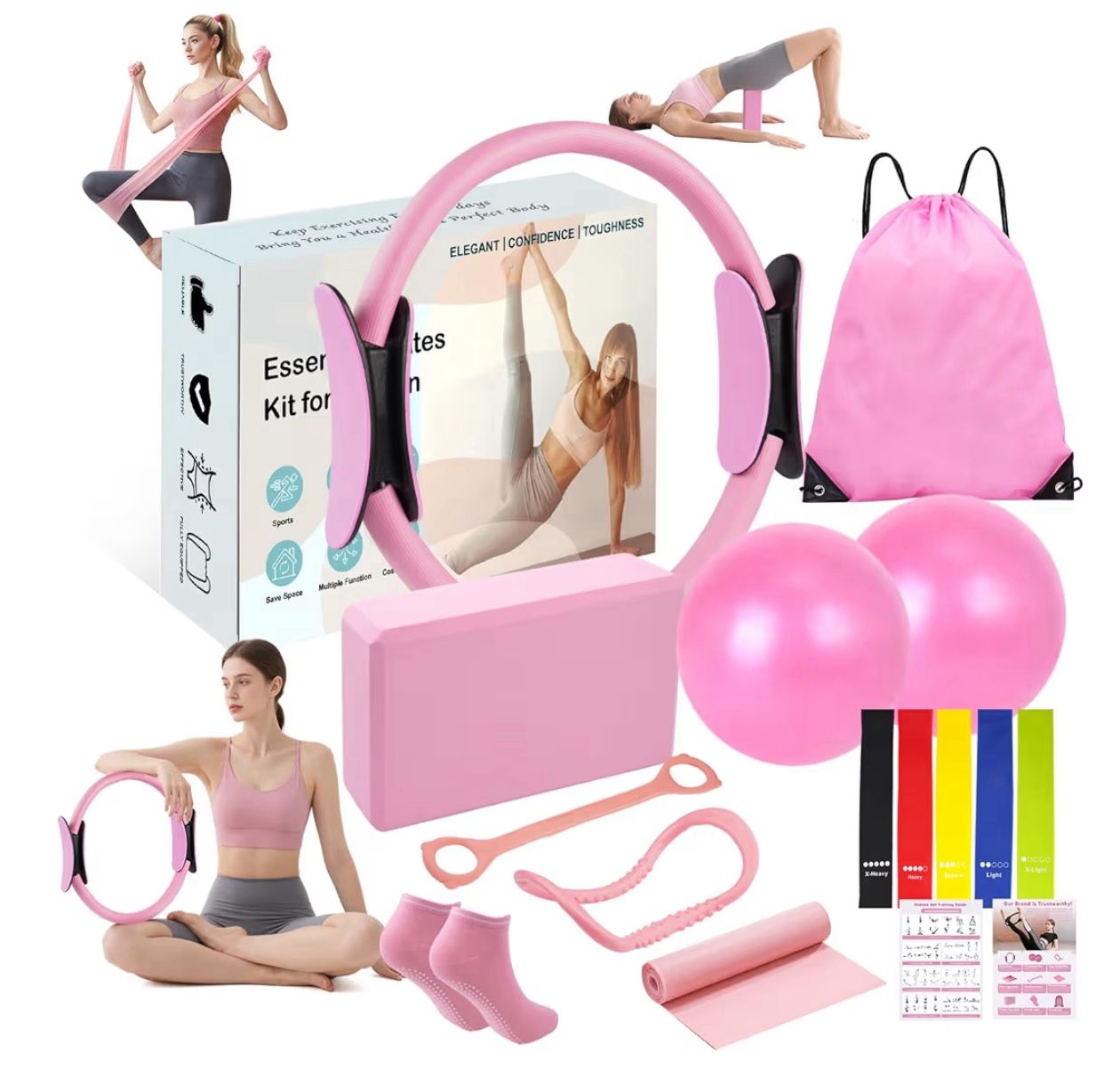 Brandnew Pilates Kit for Women, Home Pilates Equipment Set with Pilates Ring and 2 Ball, 5 Resistance Bands, Yoga Block,Full Body Core & Flexibility T