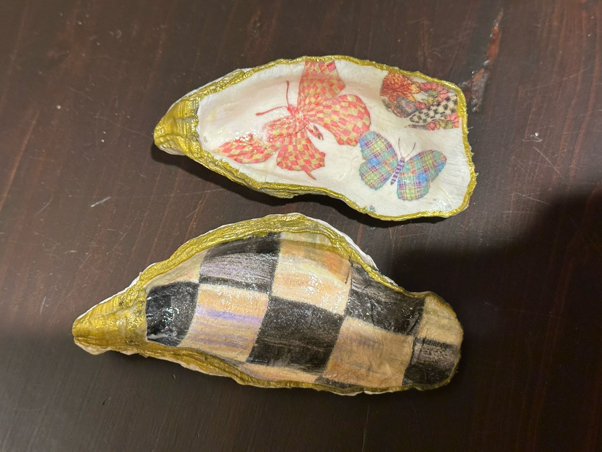 Handmade decoupage catch all shell dish in Mackenzie Childs patterns.