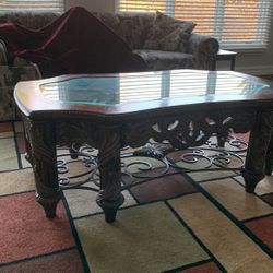 1 Coffee Table With Few Scratches And 2 End Tables With Few Scratches Glass On Top Of The Tables With Wood Around The Rim