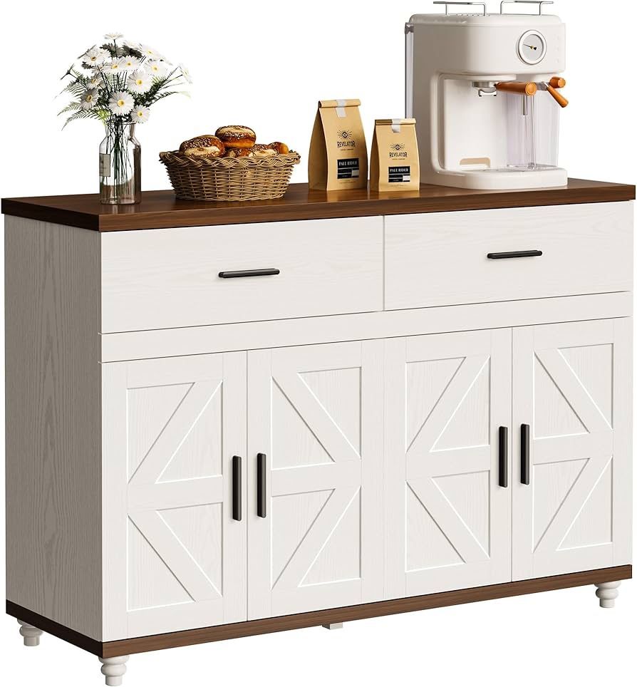 47.2" Sideboard Buffet Cabinet, Kitchen Storage Cabinet with 2 Drawers & Doors, Farmhouse White Cabinet with Storage for Living Room Dining Room