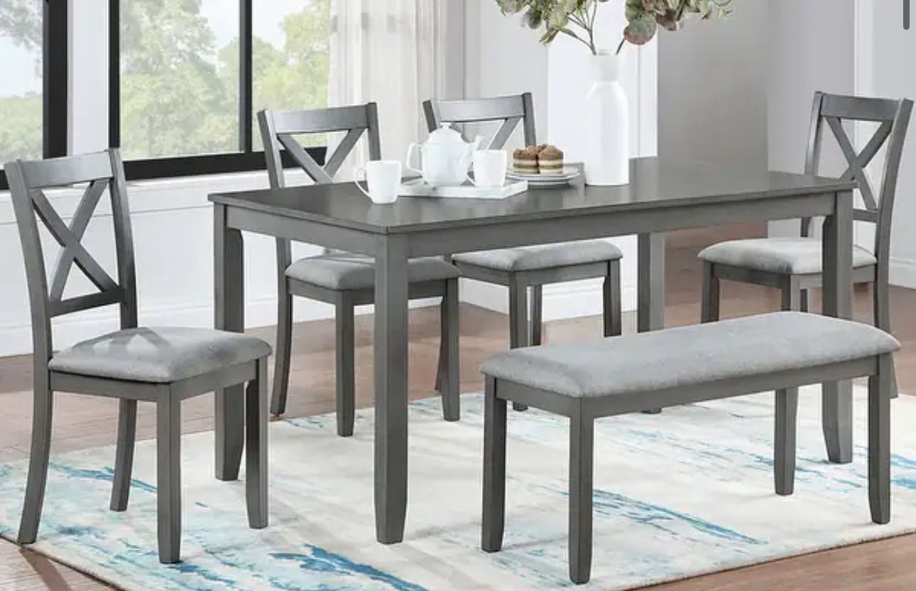 6 Pieces Dining Table Set, Wood Rectangle Table and 4 Chairs with Bench with Cushion, Kitchen Table Set, Living Room Furniture - Gray