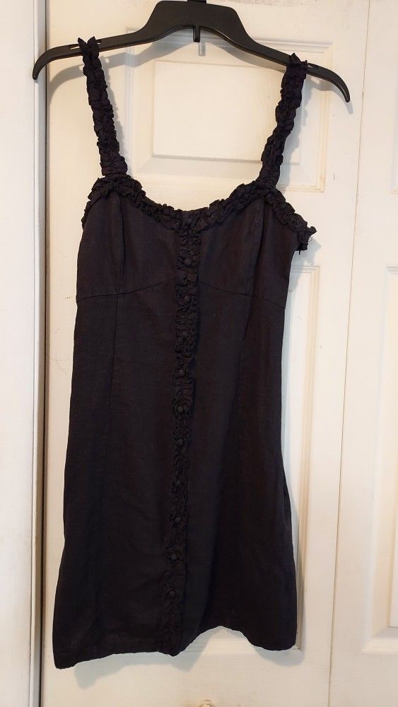 Forever 21 Black Linen Strappy Sundress Ruffles Side Zip Small