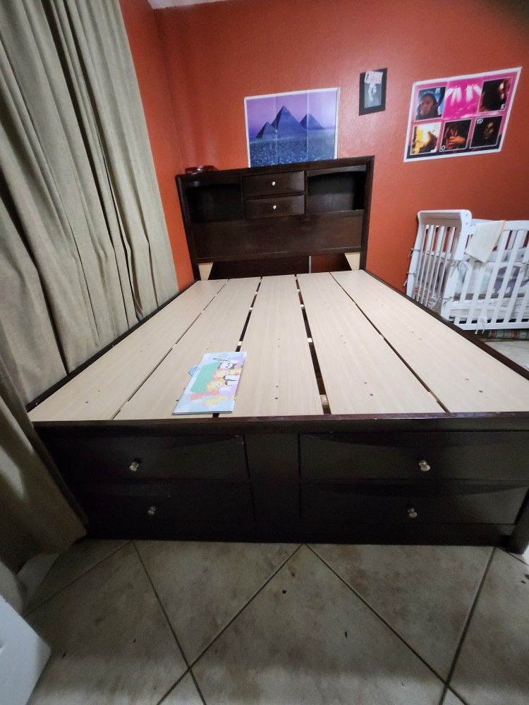 Dark Brown Wood Bed Frame With Multiple Storages, For A Queen Bed