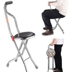 Medical Folding Walking Stick with Seat Four Legged