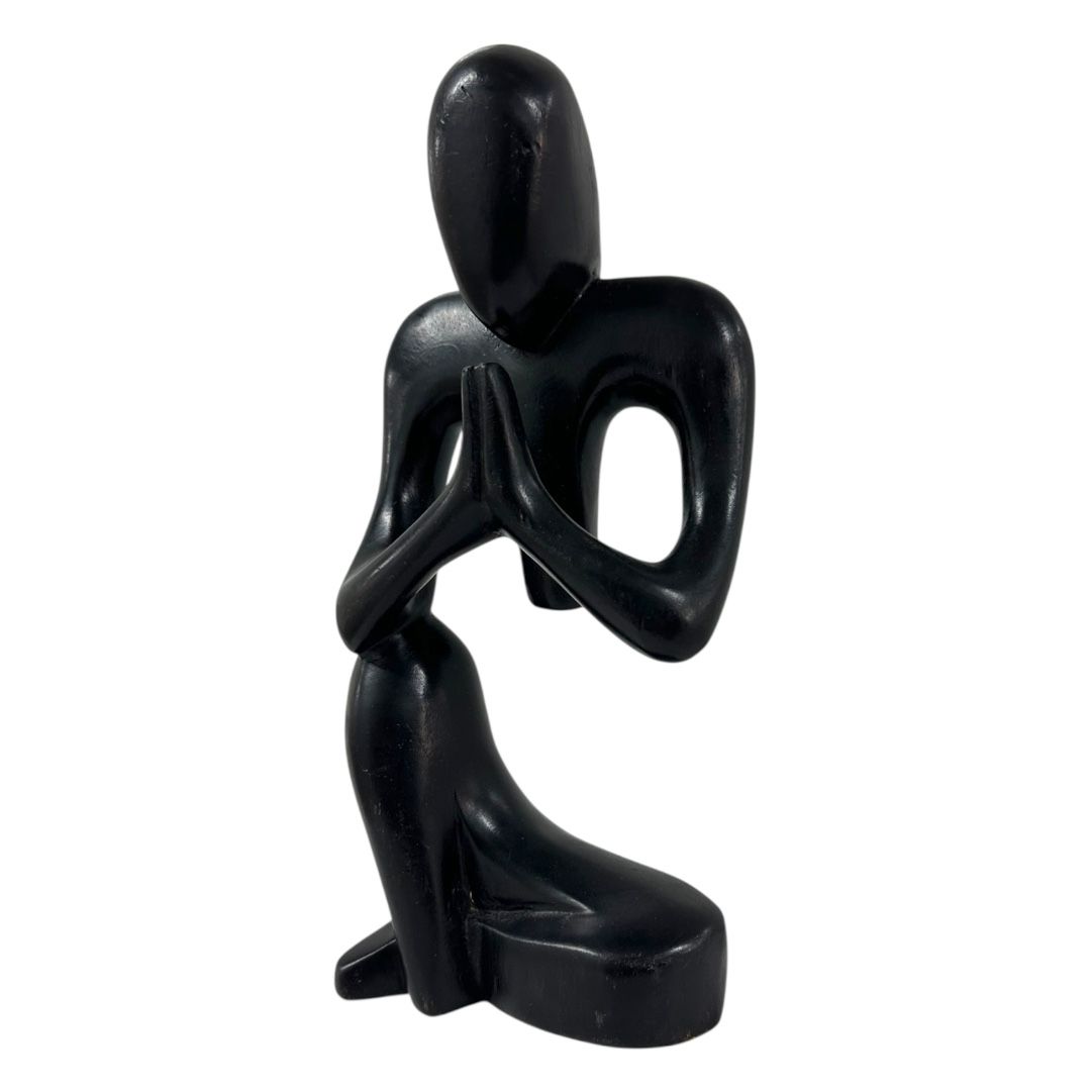 Abstract Minimalist Black Wood Carved Praying Figure Meditation Yoga Zen Decor