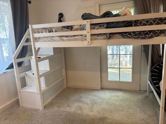 White Wood Loft Bed with Stairs