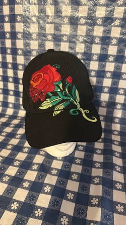 Ladies rose, batten embroidery, and rhinestone cap