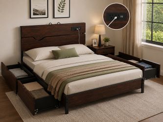 Queen Size Storage Bed Frame with Charging Station