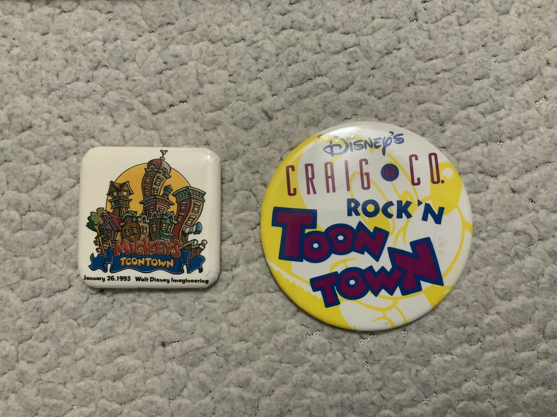 2- NEW Disney Walt Disney Imagineering Dated: January 26, 1993 Mickeys Toon Town Button AND Disney’s Craig N Co. Rock’N ToonTown Button