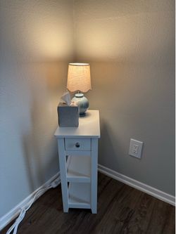 24” Narrow, White, Wooden Side Table w/ Drawer & Shelves