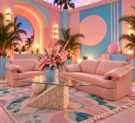 80s 90s Vintage Postmodern blush pink sofa and lounge chair