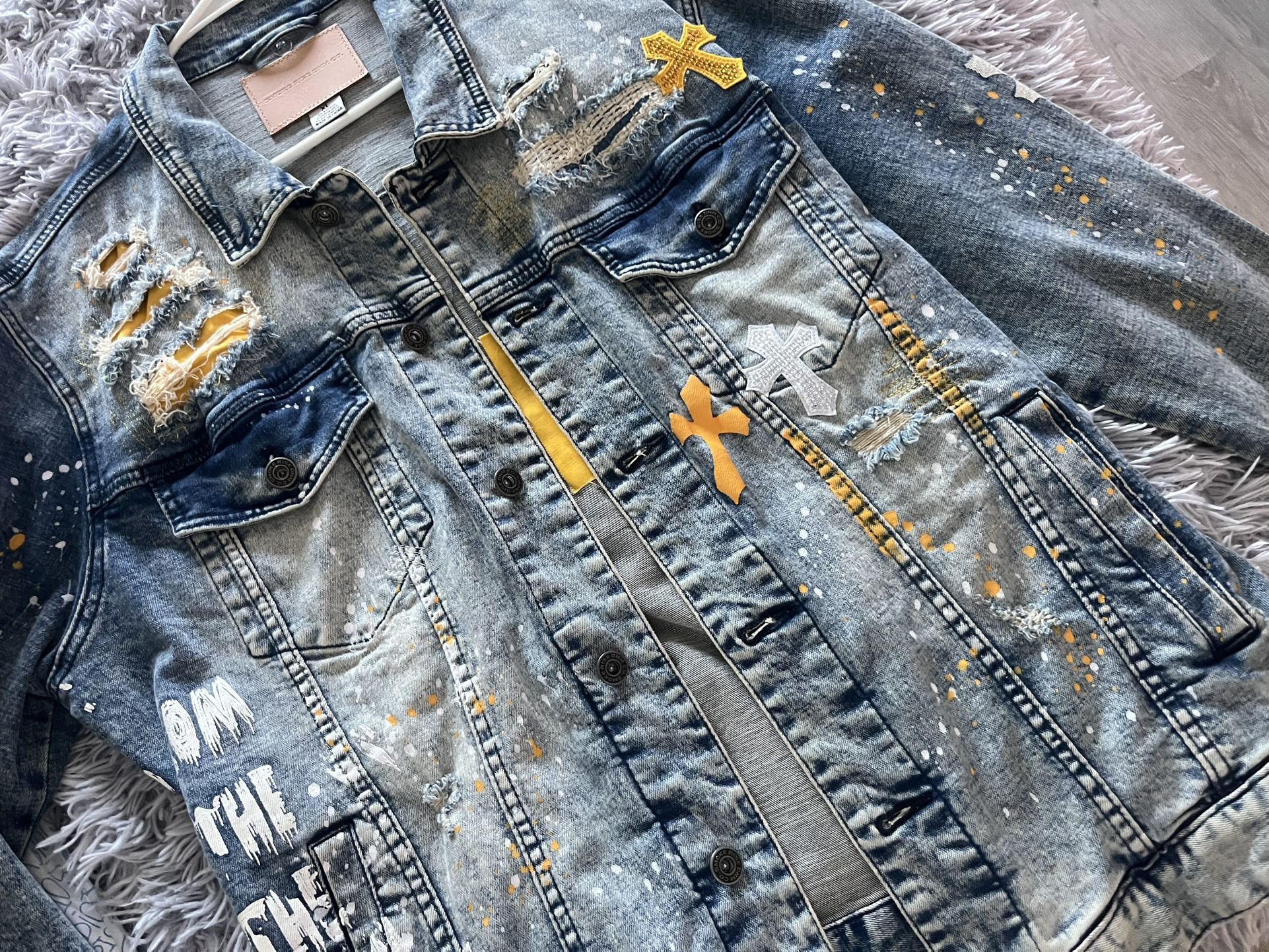 XL Denim Jacket New W Crosses Patched 60$ Perth Amboy Nj