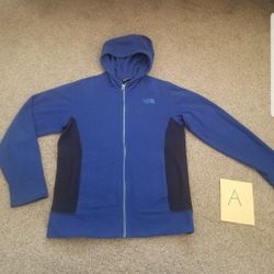 The North Face Size L 14/16 Kids/boys Hooded Zip Front Fleece Jacket. Blue and black, front pockets. 