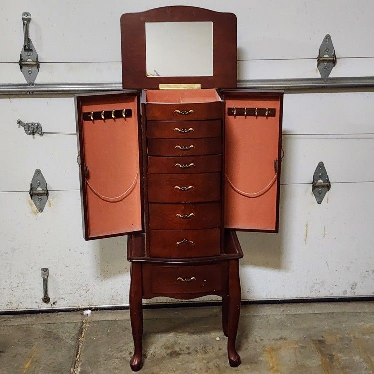 Jewelry Cabinet Jewelry Chest Jewelry Armoire Wood Jewelry Box Storage Stand Organizer with Side Doors 7 Drawers Makeup Mirror, 40.5" H, 16.75" L, 12"