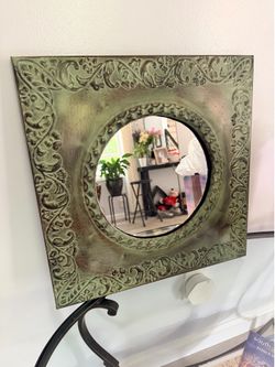 Square Embossed Metal Wall Mirror with Green Patina