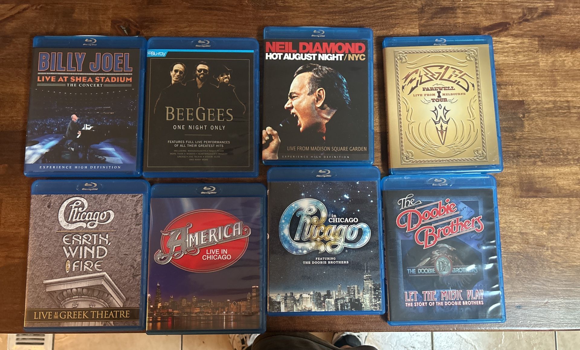 Blu-ray’s of Billy Joel, Bee Gees, Neil Diamond, Eagles, Chicago & EWF, America, Chicago ft Doobie Brothers, Doobie Brothers