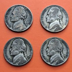 Four 1942 ~ 1945 Jefferson P D S nickels WW2 war time 35% silver content circulated nickel coins