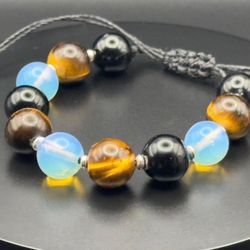 Adjustable Unisex Natural Black obsidian,Tiger's Eye and opalite 
