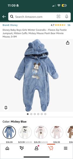 Disney Baby Boys Girls Winter Coveralls – Fleece Zip Footie Jumpsuit, Mitten Cuffs: Mickey Mouse, 6-9 Month
