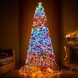 8ft Pre-Lit Christmas Tree, Fiber Optic Xmas Tree with Multicolor Changing LED Lights, 380 Branches, 30 Artificial Flowers&Bowes, Top Star Light, for