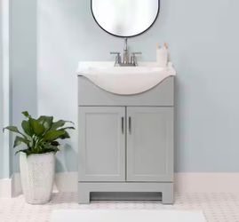 25 in. Single Sink Pearl Gray Freestanding Bath Vanity with White Cultured Marble Top
