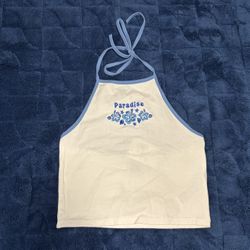 Forever 21 Women White Paradise Embroidered Halter Top