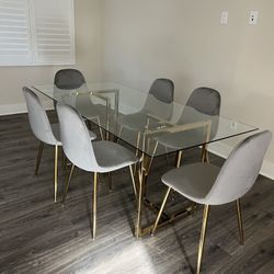 6 People Gold Glass Dining Set With Velvet Chairs