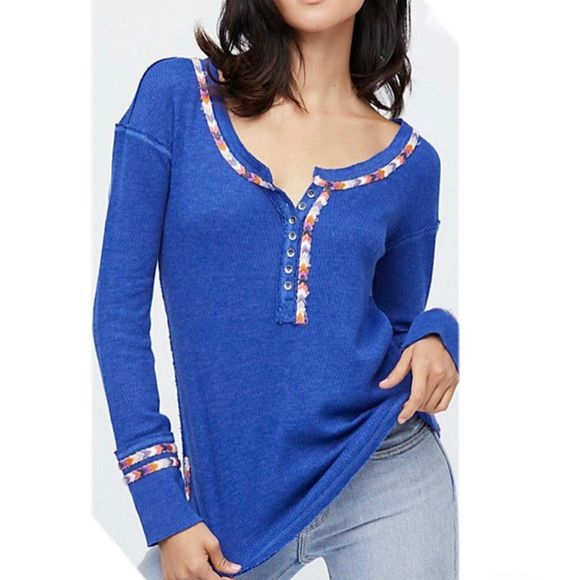 FREE PEOPLE Blue Multicolor Chevron Trim Happy Thermal Waffle Knit Henley Top
