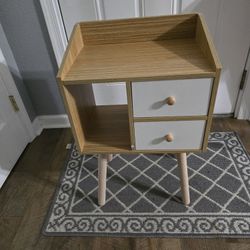 Bedside Table with Drawers, Night Stand Natural Mid Century Modern Nightstand with Open Storage Compartment and Solid Wood Legs Small End Table Side