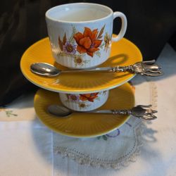 Vtg Floral Teacup Demitasse Set Marked Pagnossin Treviso Italy with Spoons