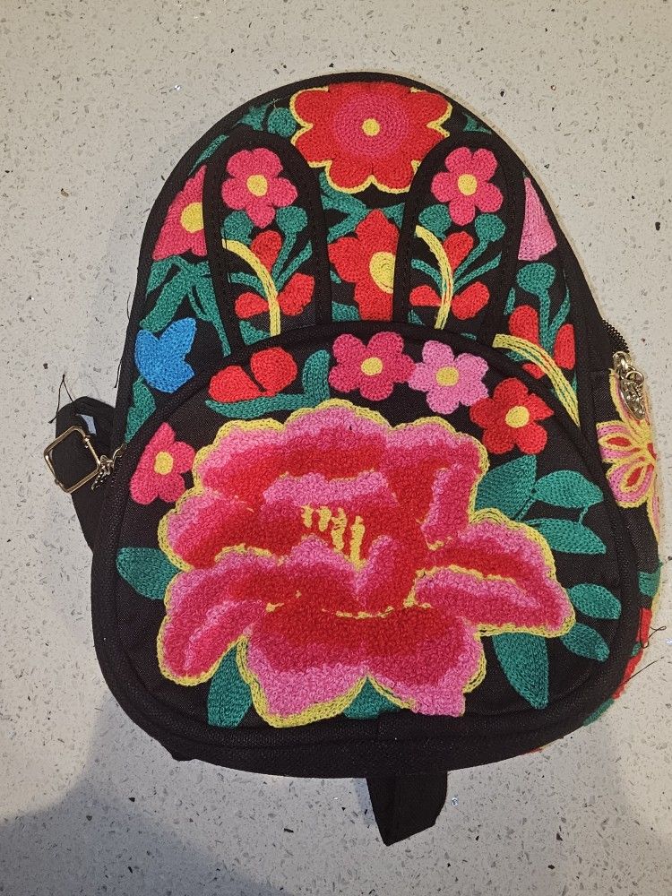 Pink red floral bunny embroidery backpack canvas