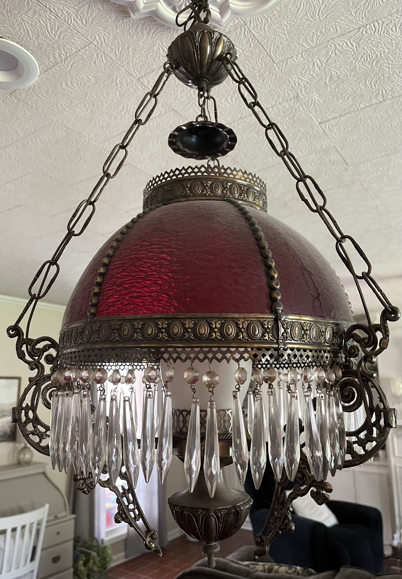 Antique Red Ruby Glass Hanging Parlor Lamp
